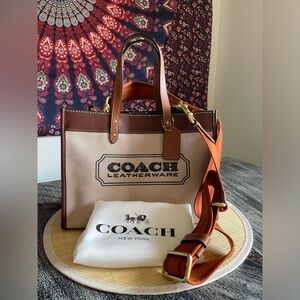 Coach Leatherware Two-Tone Canvas Tote in Beige and Brown with Orange Strap